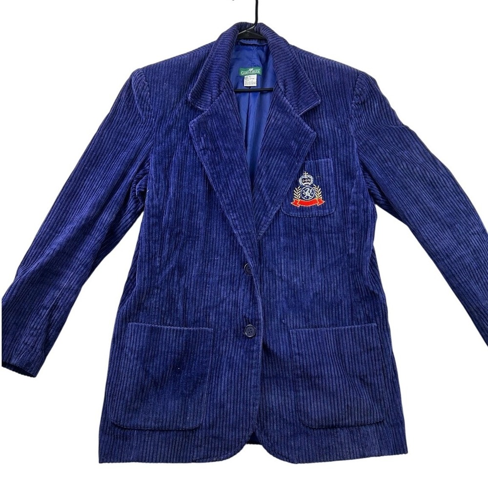 Cabin Creek Corduroy Blazer Womens L Blue Wide Wale Embroidered Crest Preppy